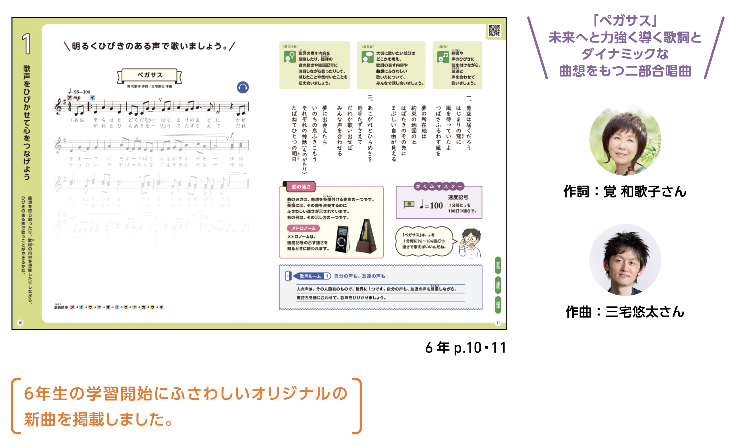 「ペガサス」
未来へと力強く導く歌詞とダイナミックな曲想をもつ二部合唱曲
作詞：覚和歌子さん
作曲：三宅悠太さん
6年生の学習開始にふさわしいオリジナルの新曲を掲載しました。