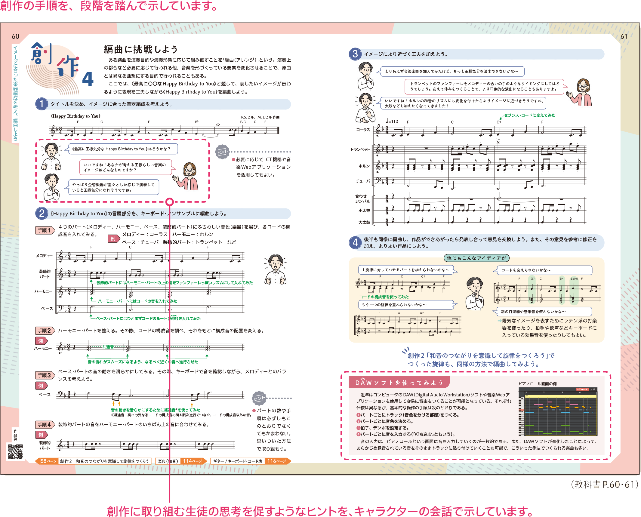 創作の手順を、段階を踏んで示しています。
創作に取り組む生徒の思考を促すようなヒントを、キャラクターの会話で示しています。
