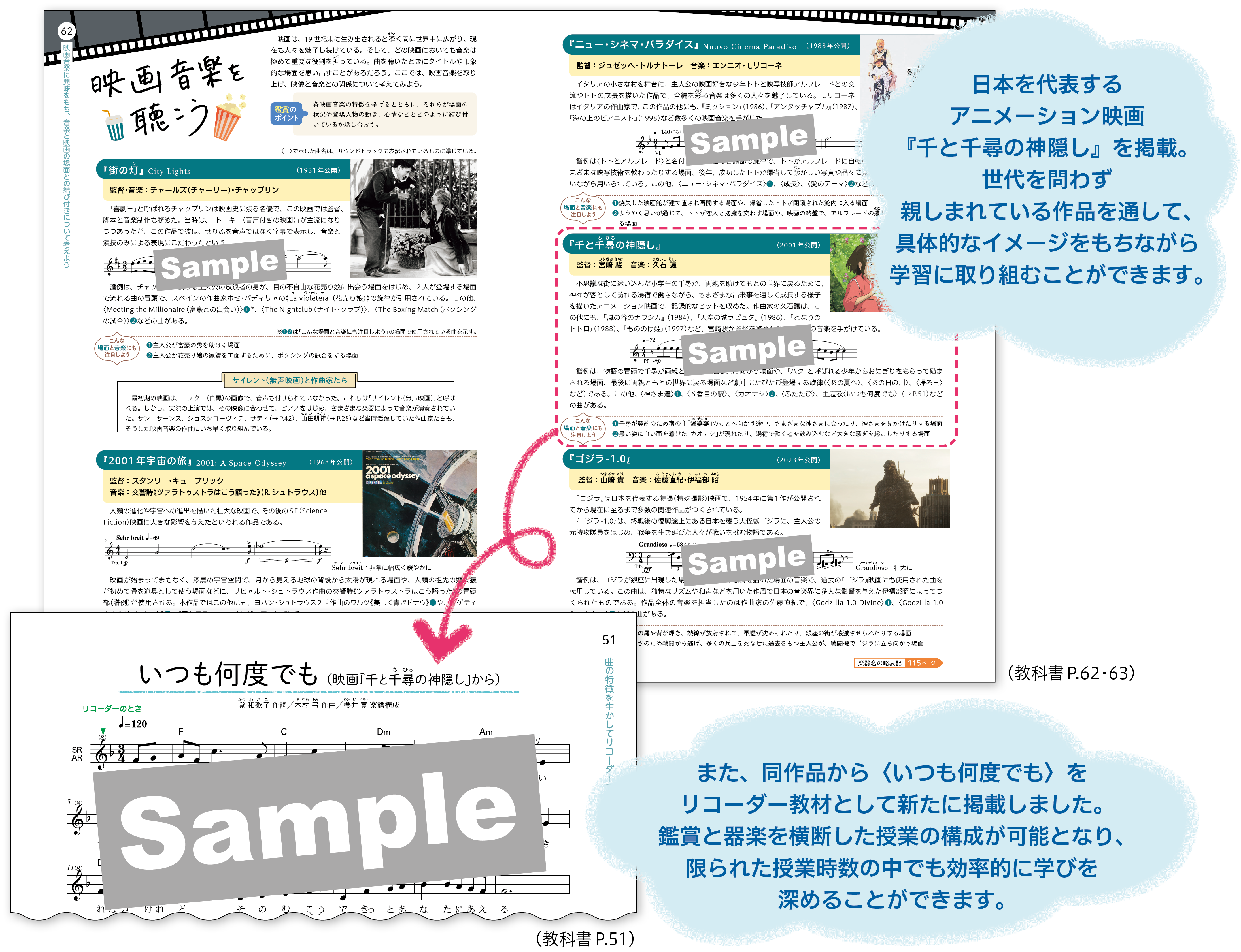 日本を代表するアニメーション映画『千と千尋の神隠し』を掲載。世代を問わず親しまれている作品を通して、具体的なイメージをもちながら学習に取り組むことができます。

また、同作品から〈いつも何度でも〉をリコーダー教材として新たに掲載しました。鑑賞と器楽を横断した授業の構成が可能となり、限られた授業時数の中でも効率的に学びを深めることができます。